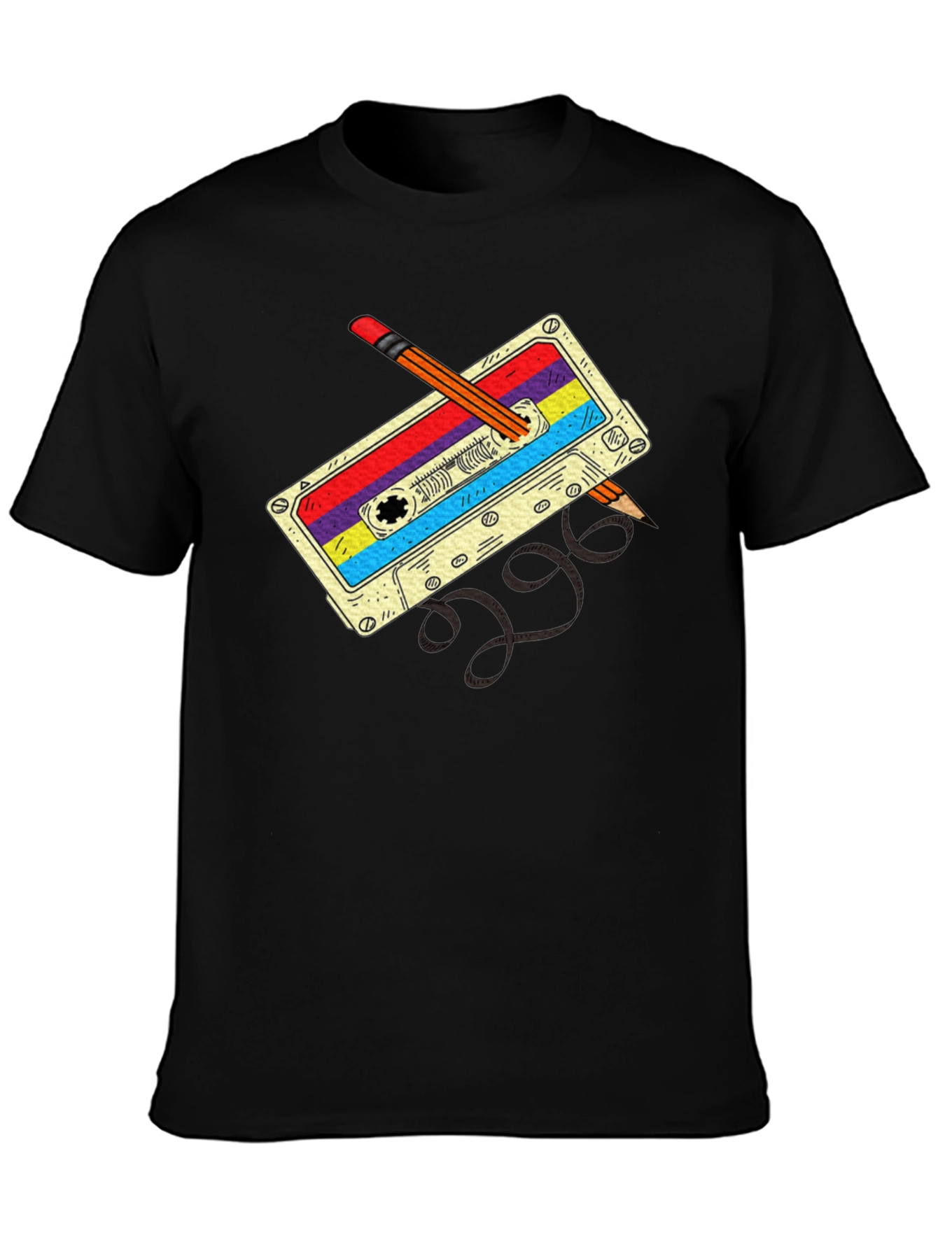Retro Cassette & Pencil Black T-Shirt