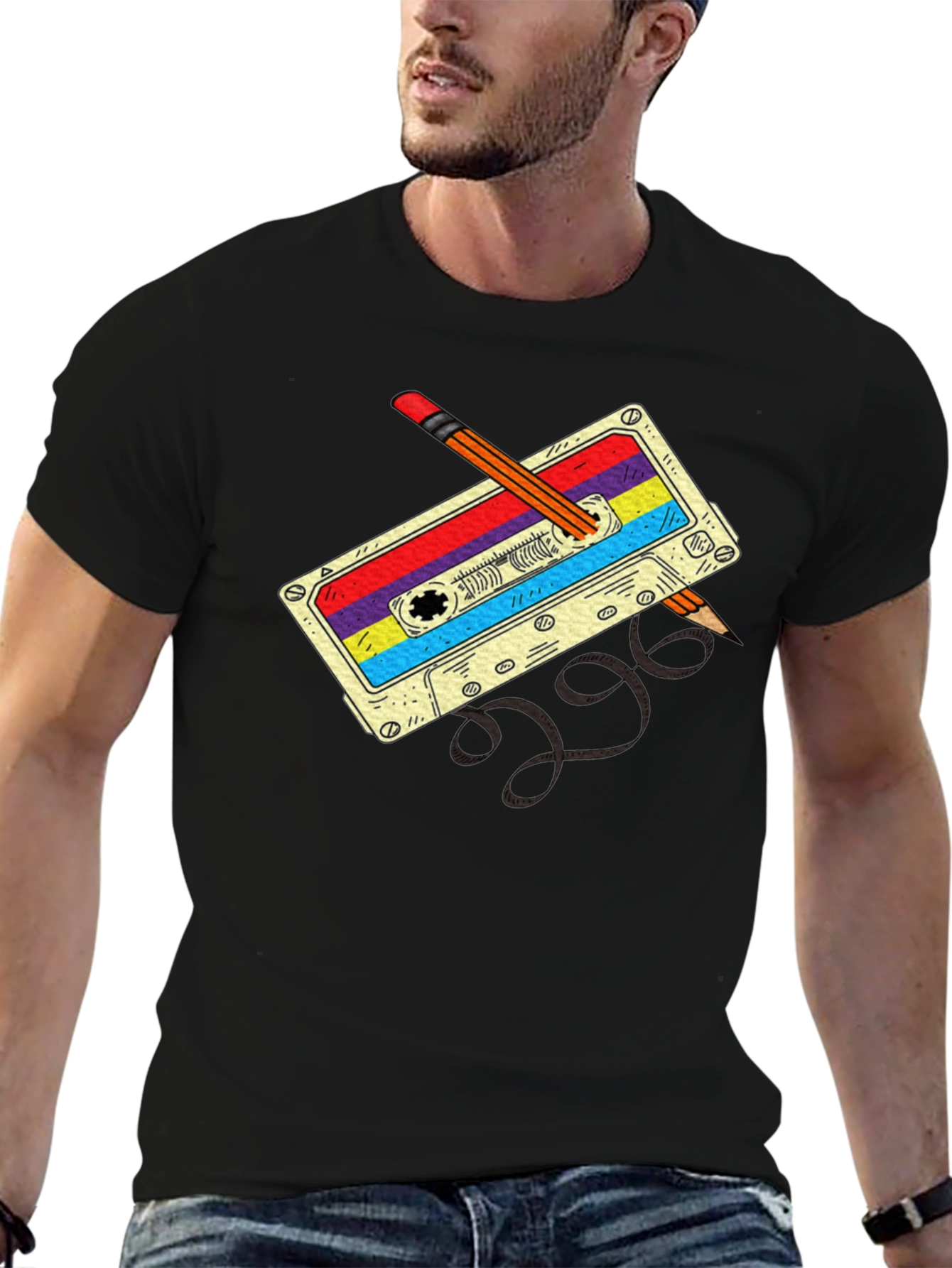 Retro Cassette & Pencil Black T-Shirt