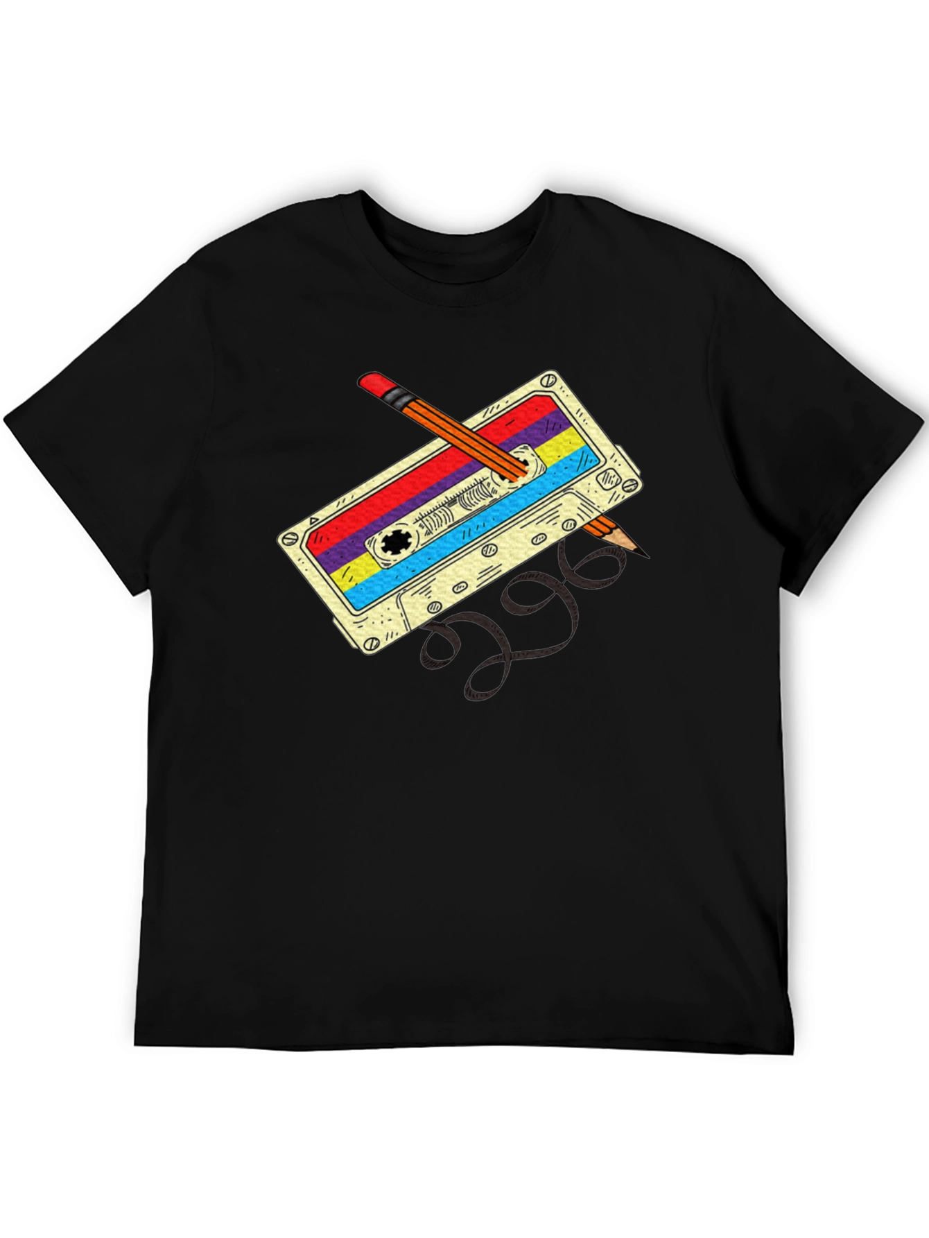 Retro Cassette & Pencil Black T-Shirt