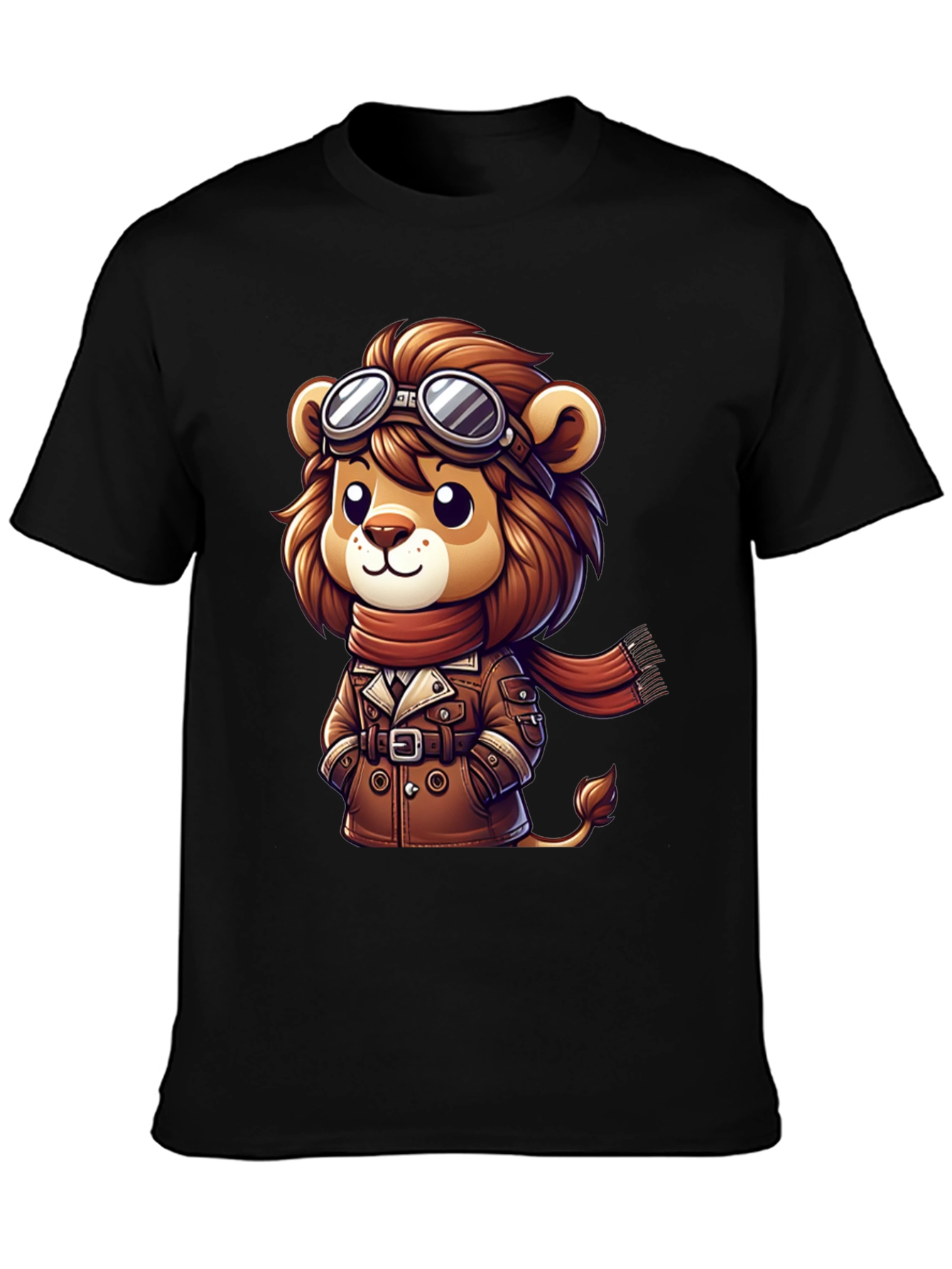 Cartoon Lion Aviator Graphic Tee - Black