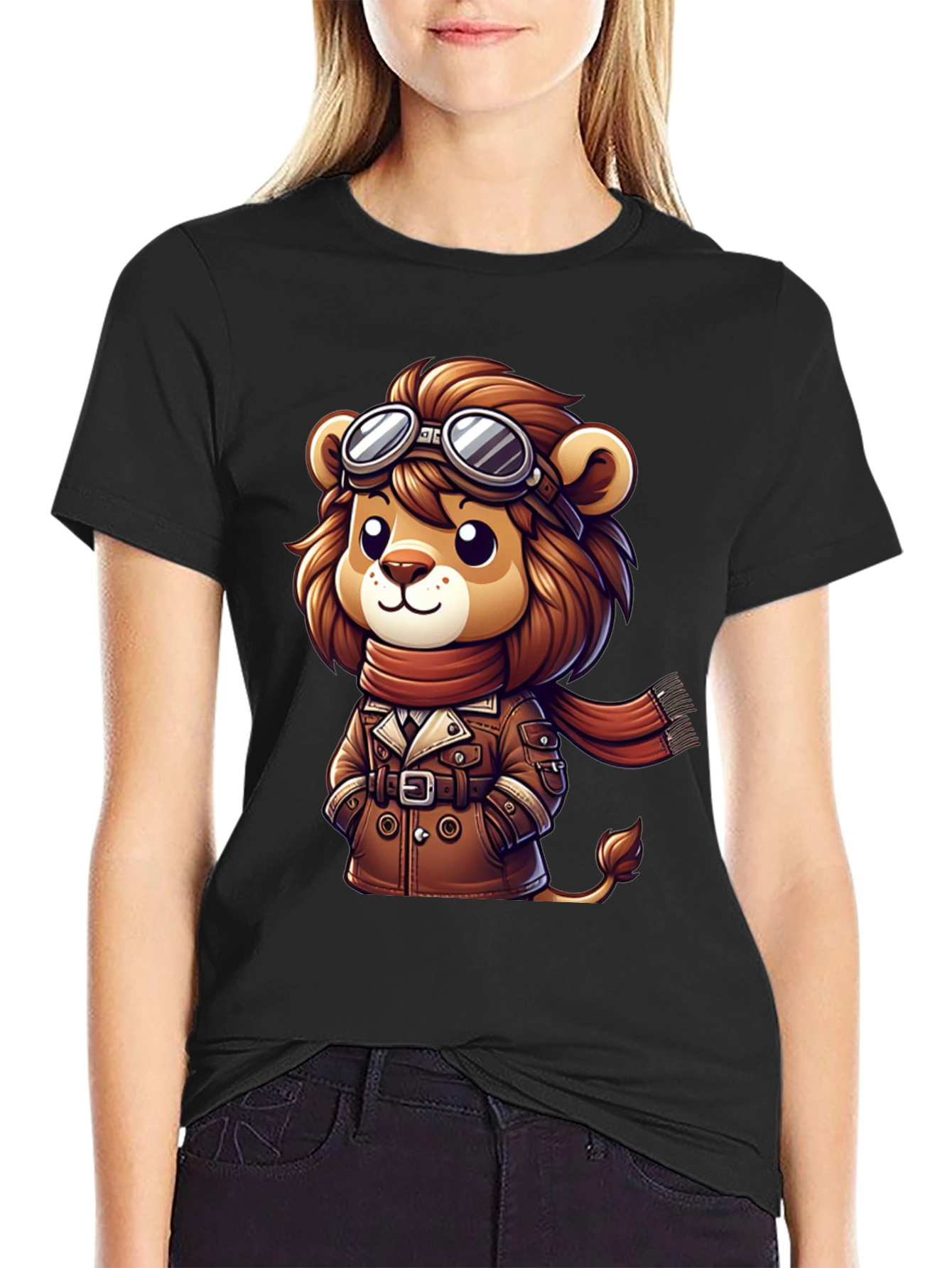 Cartoon Lion Aviator Graphic Tee - Black