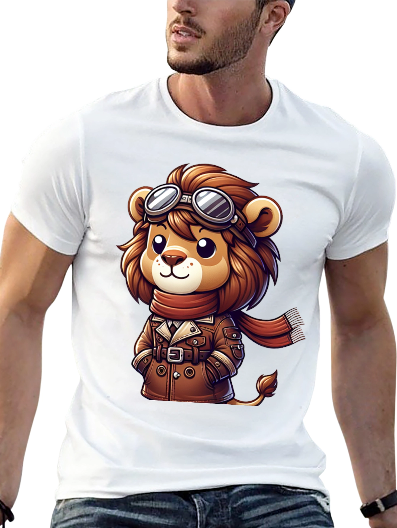 Cartoon Lion Aviator Graphic Tee - Black