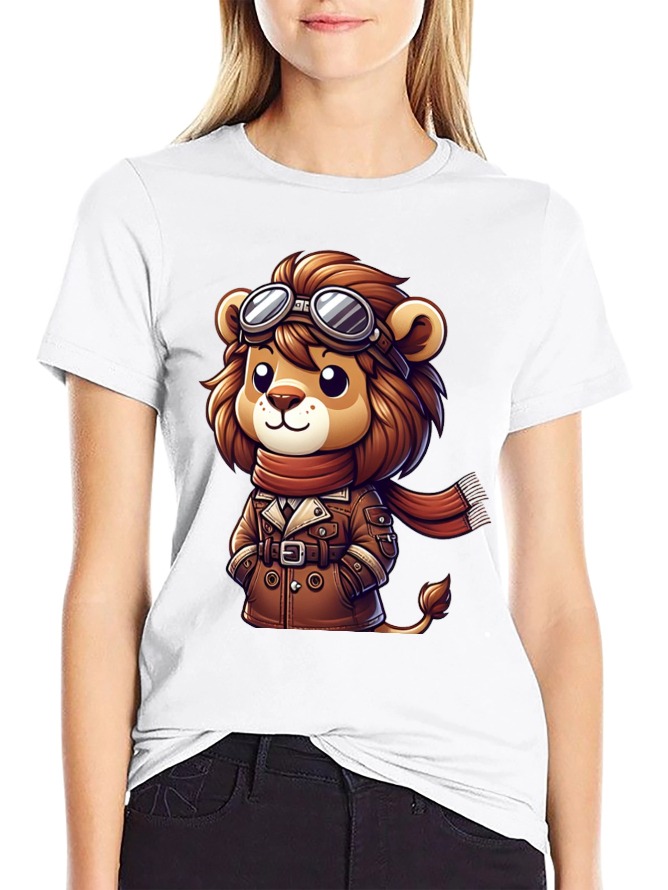 Cartoon Lion Aviator Graphic Tee - Black