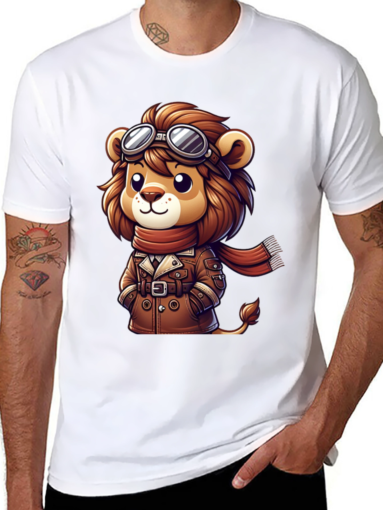 Cartoon Lion Aviator Graphic Tee - Black