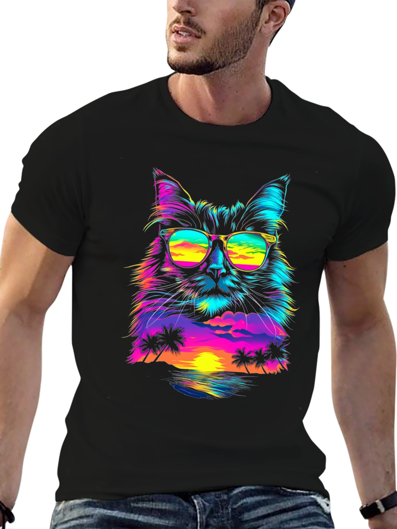 Retro Sunset Cat T-Shirt - Vibrant Graphic Tee