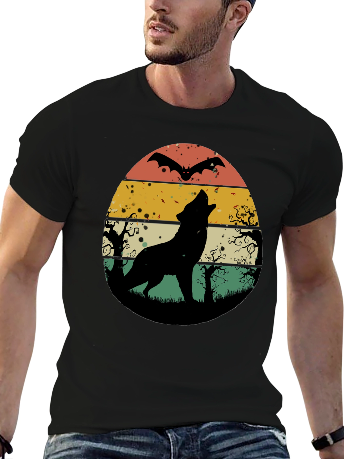 Retro Wolf Howl Halloween T-Shirt