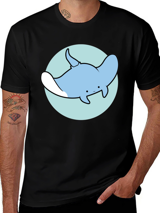 Cartoon Manta Ray Graphic Tee - Casual Black T-Shirt