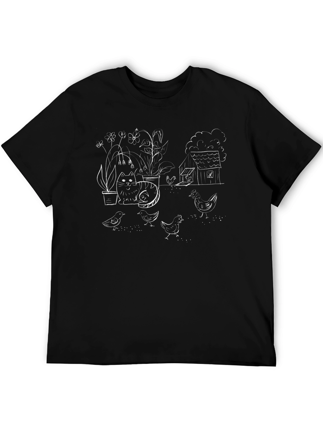 Quirky Cat & Chicken Sketch Black T-Shirt