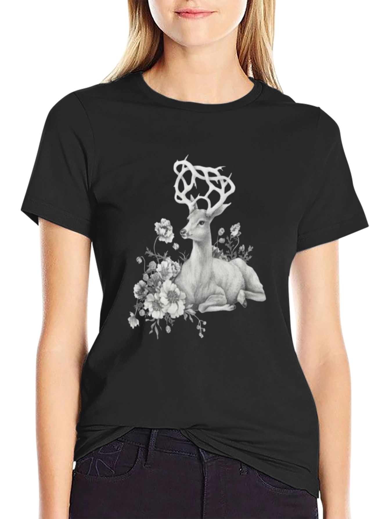 Deer Floral Graphic T-Shirt - Black