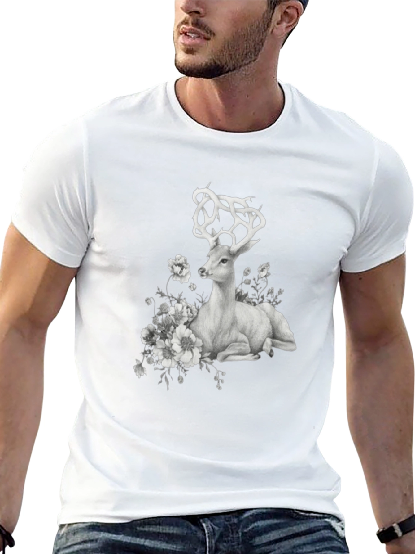 Deer Floral Graphic T-Shirt - Black