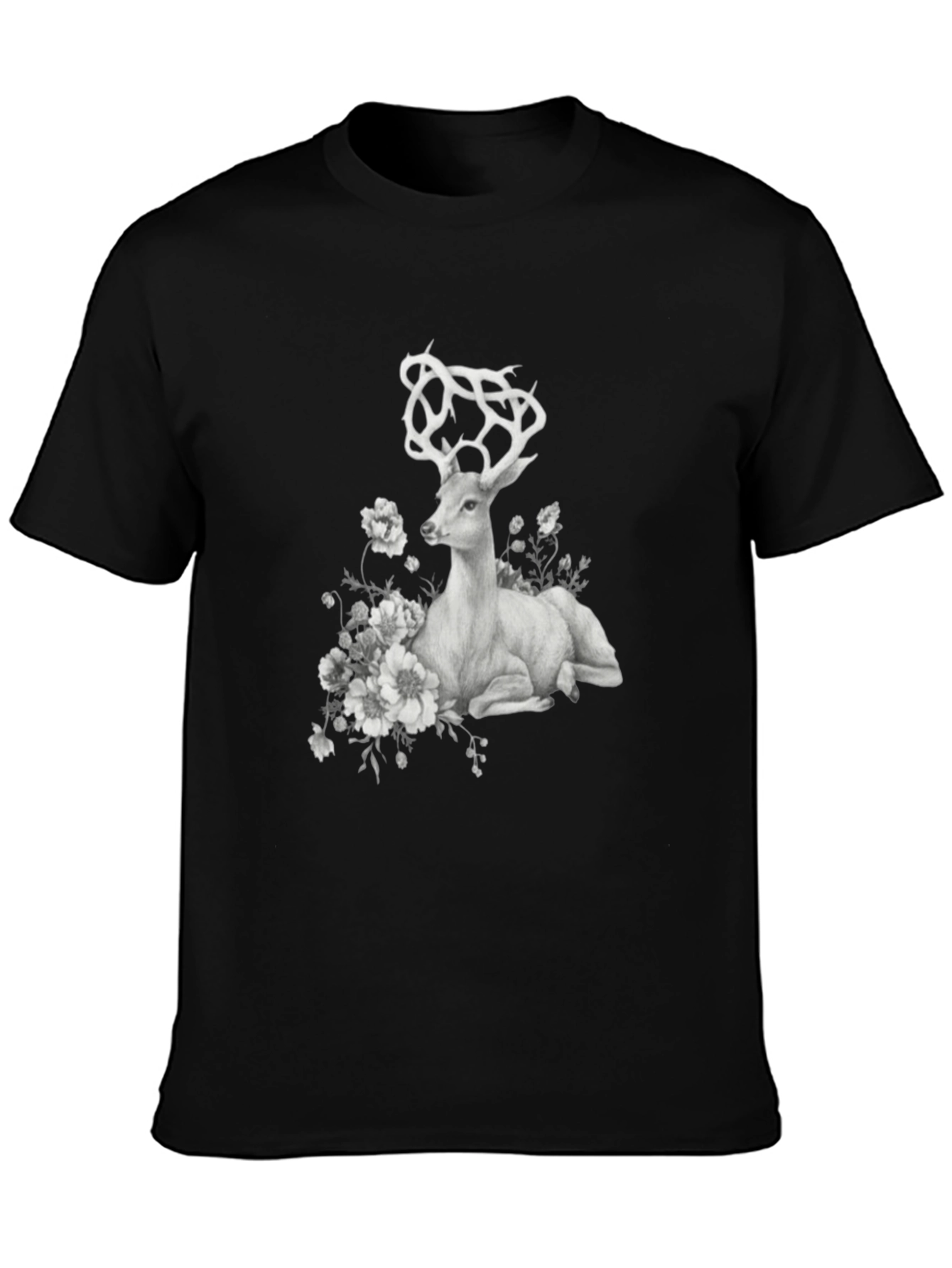 Deer Floral Graphic T-Shirt - Black