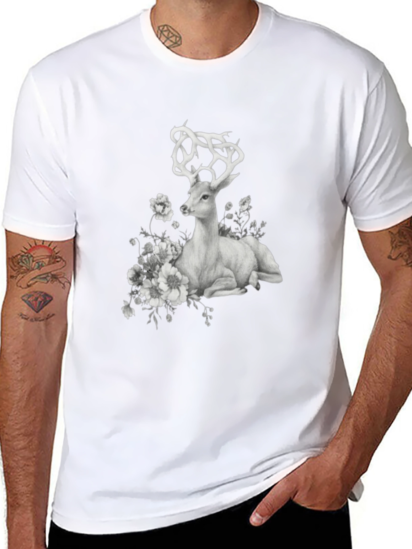 Deer Floral Graphic T-Shirt - Black