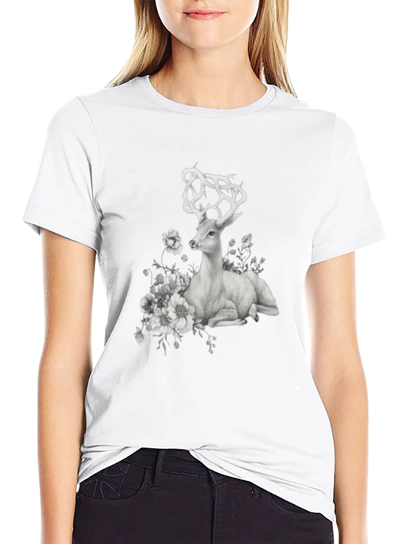 Deer Floral Graphic T-Shirt - Black
