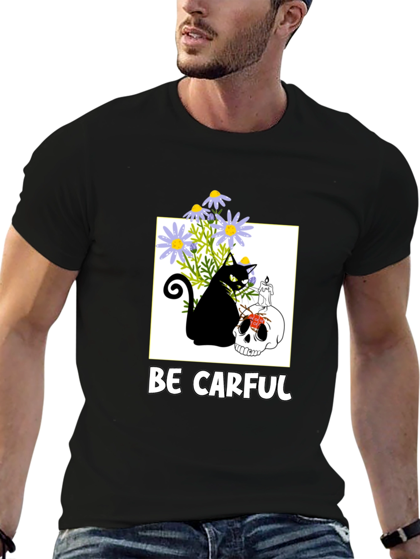 Be Carful Black Cat Skull Graphic Tee