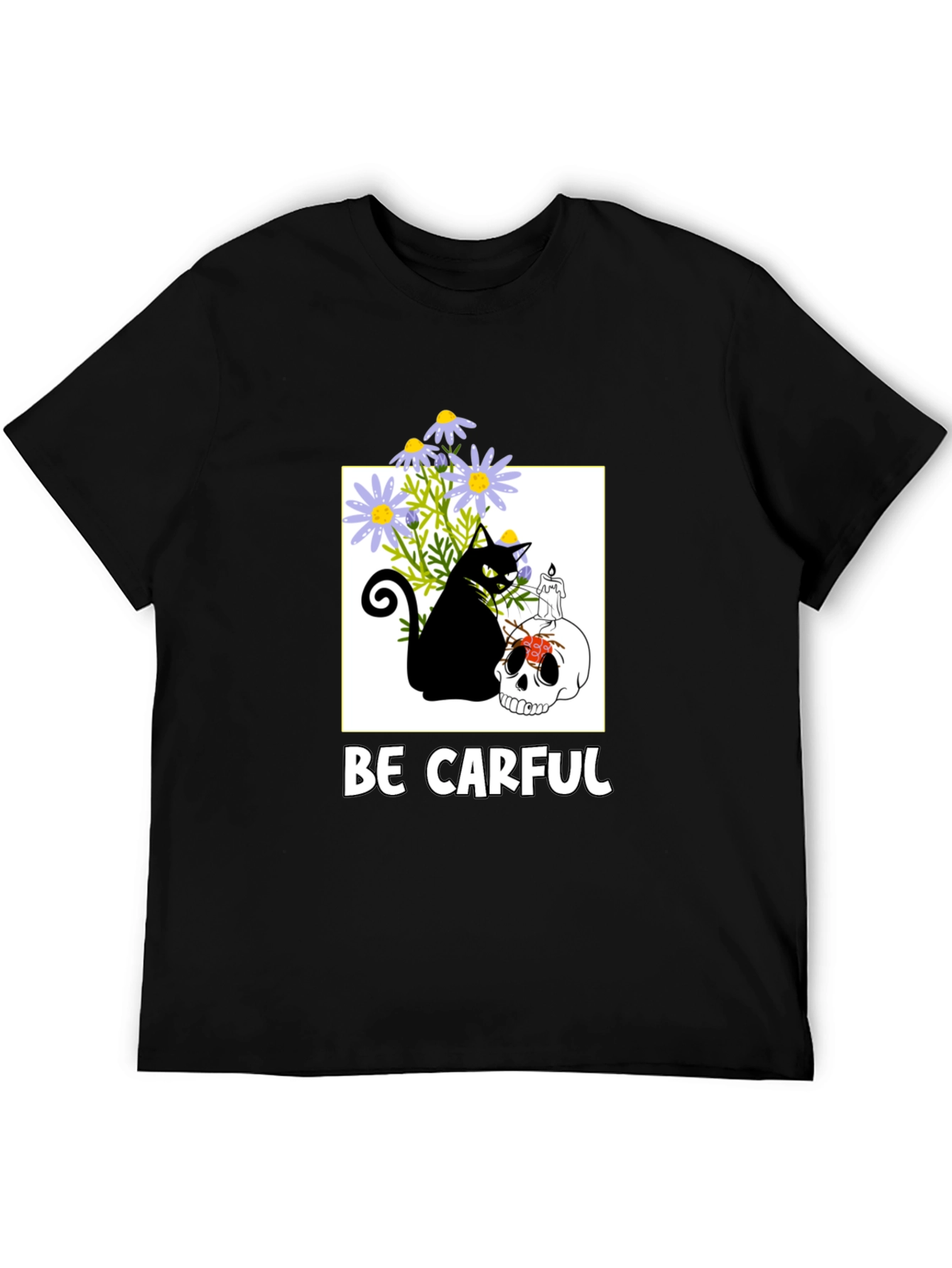 Be Carful Black Cat Skull Graphic Tee