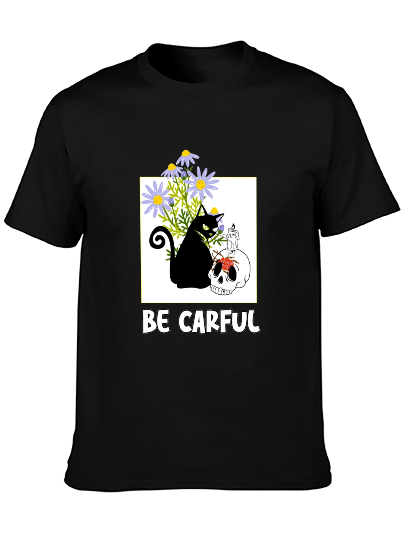 Be Carful Black Cat Skull Graphic Tee