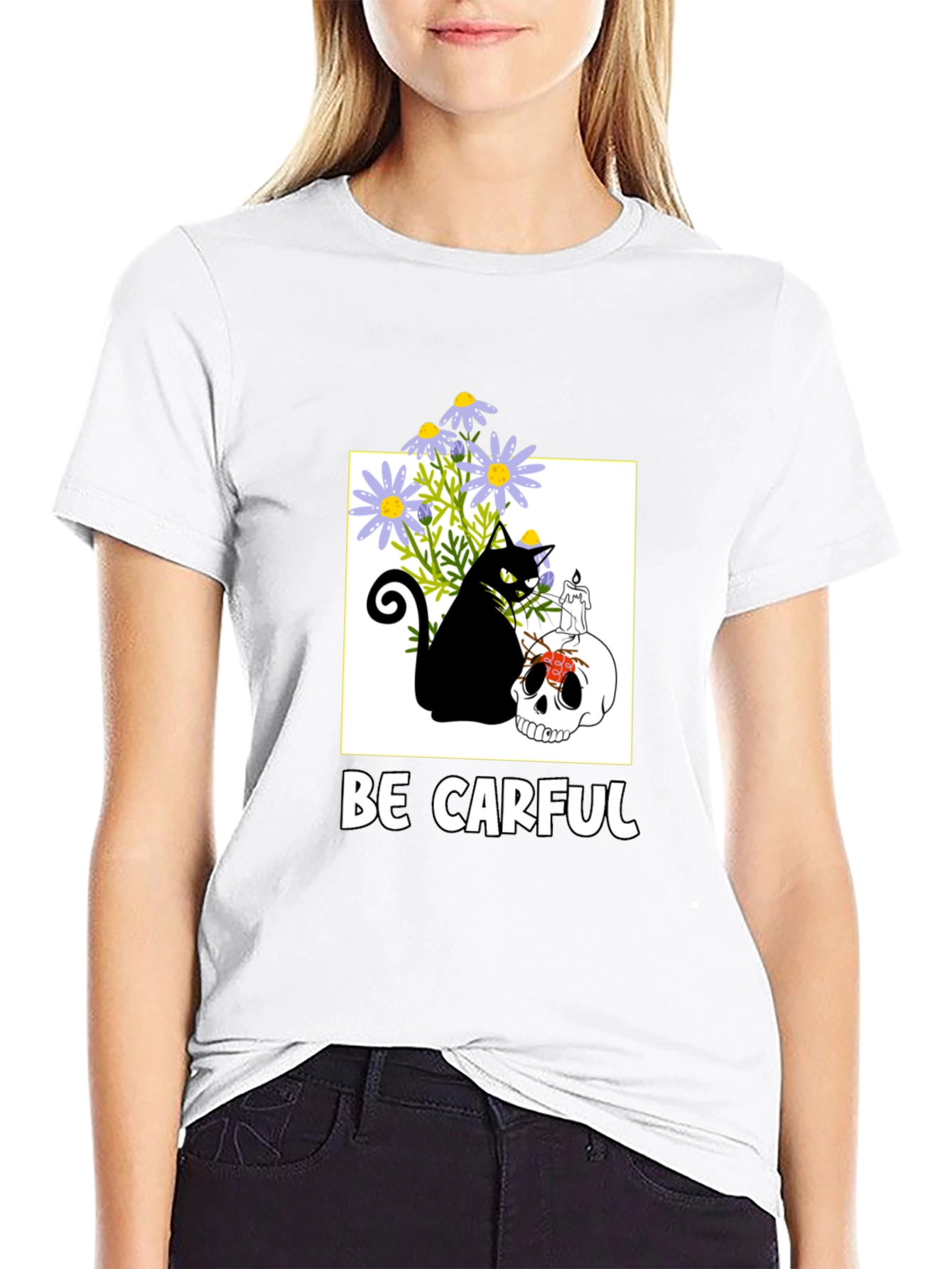 Be Carful Black Cat Skull Graphic Tee