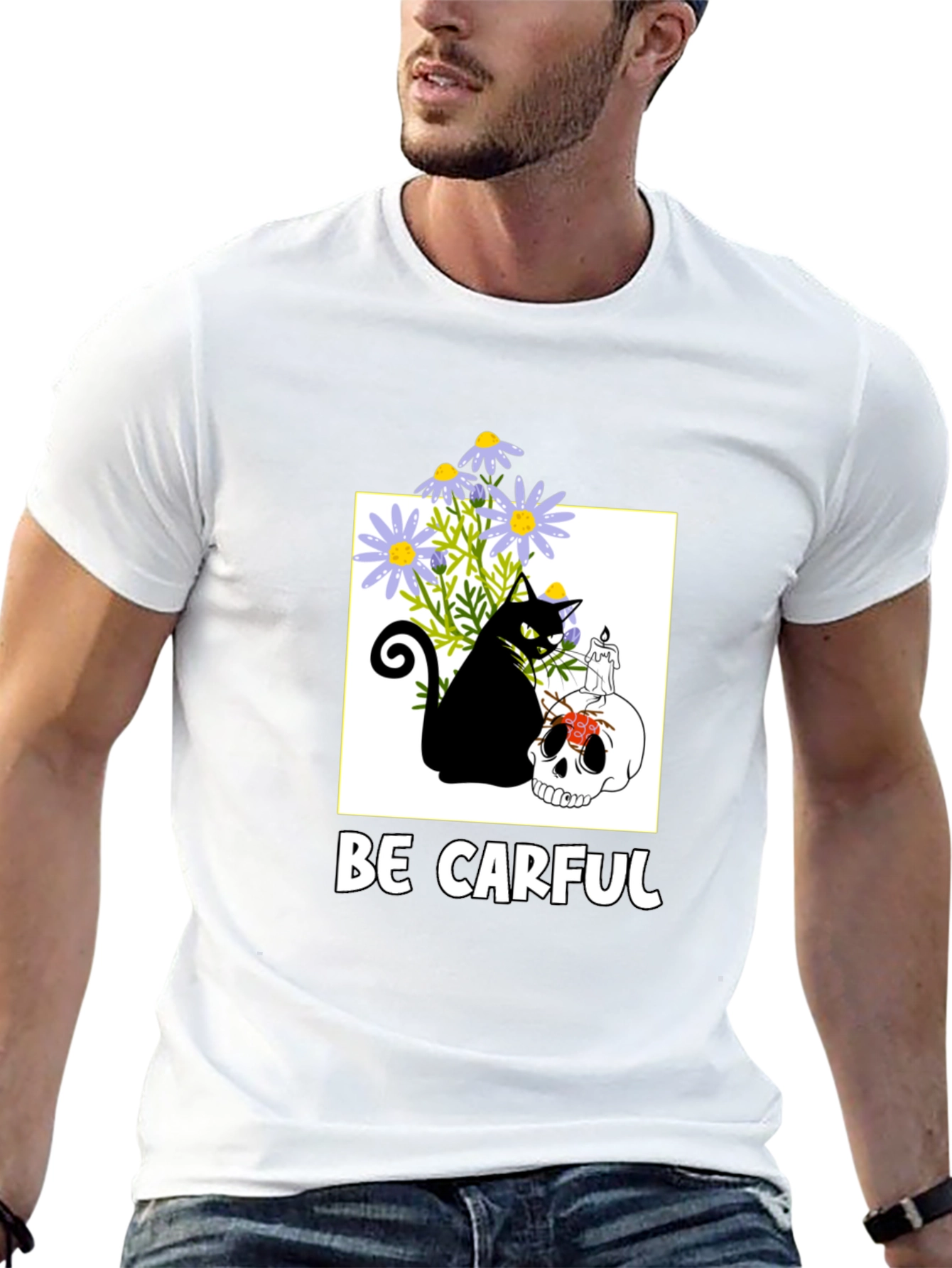 Be Carful Black Cat Skull Graphic Tee