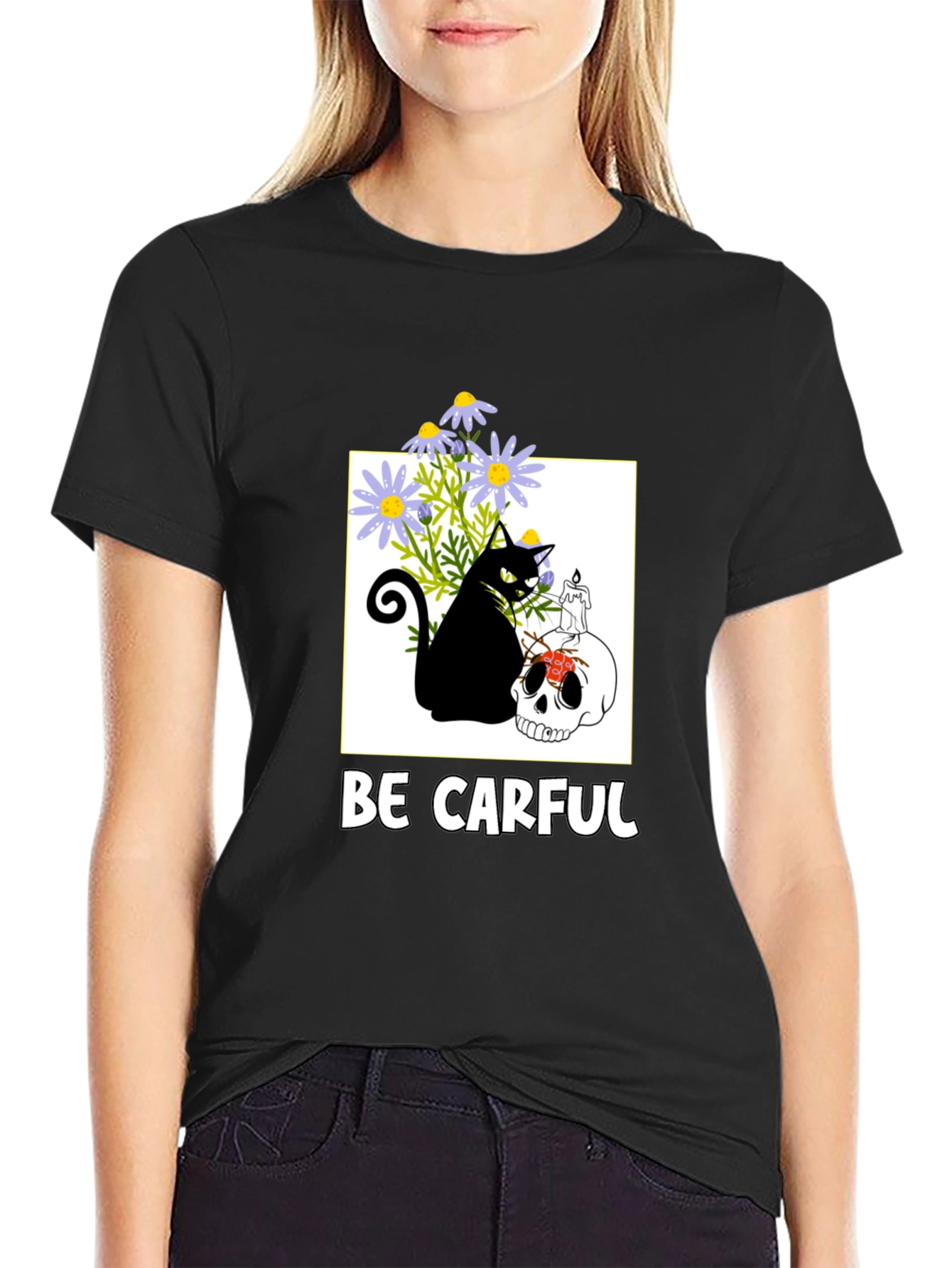 Be Carful Black Cat Skull Graphic Tee