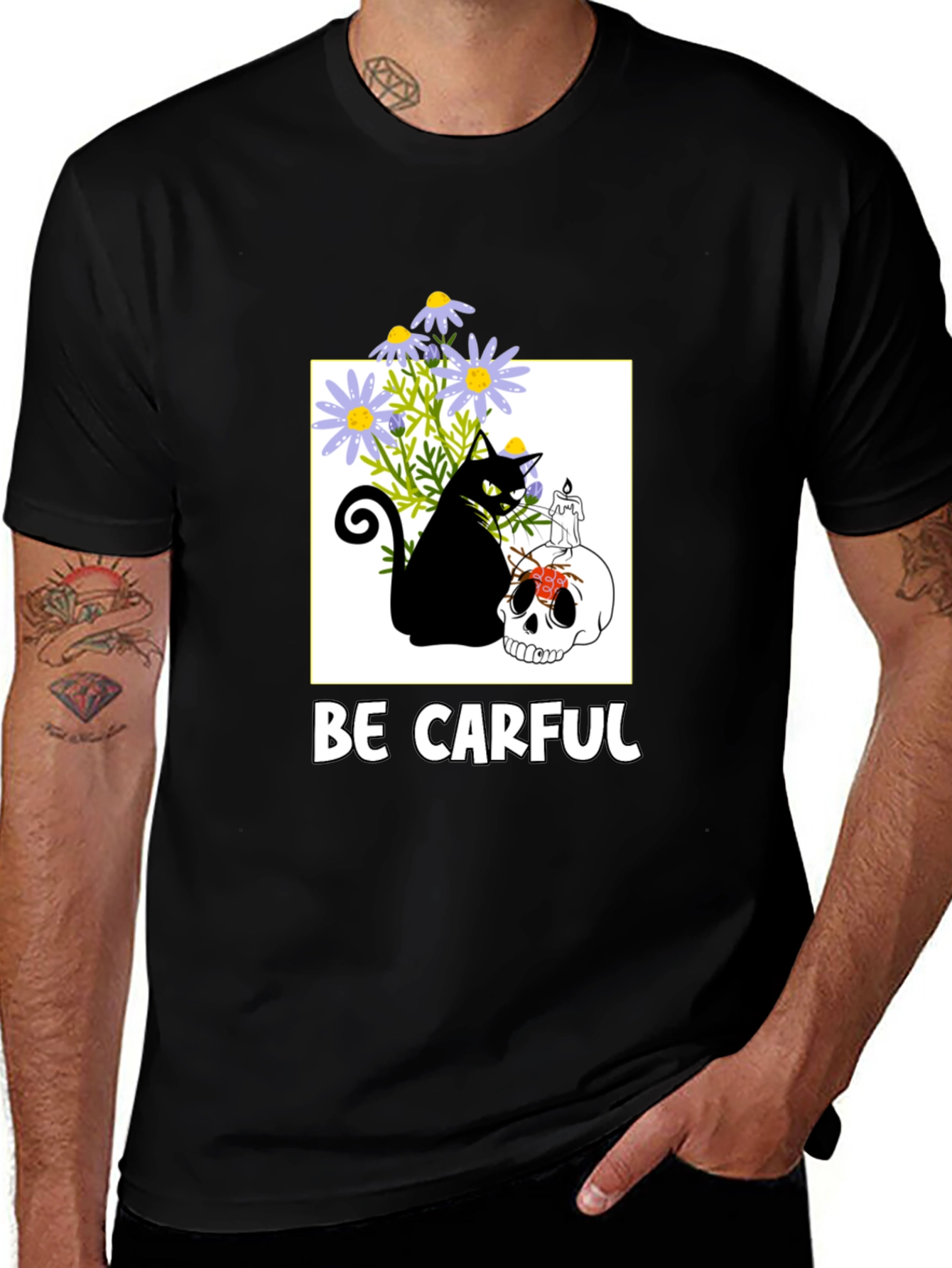 Be Carful Black Cat Skull Graphic Tee