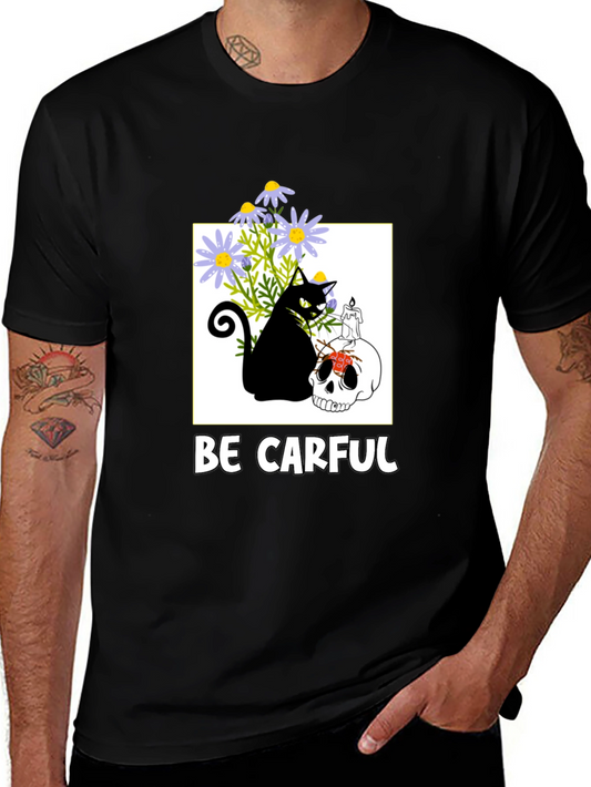 Be Carful Black Cat Skull Graphic Tee