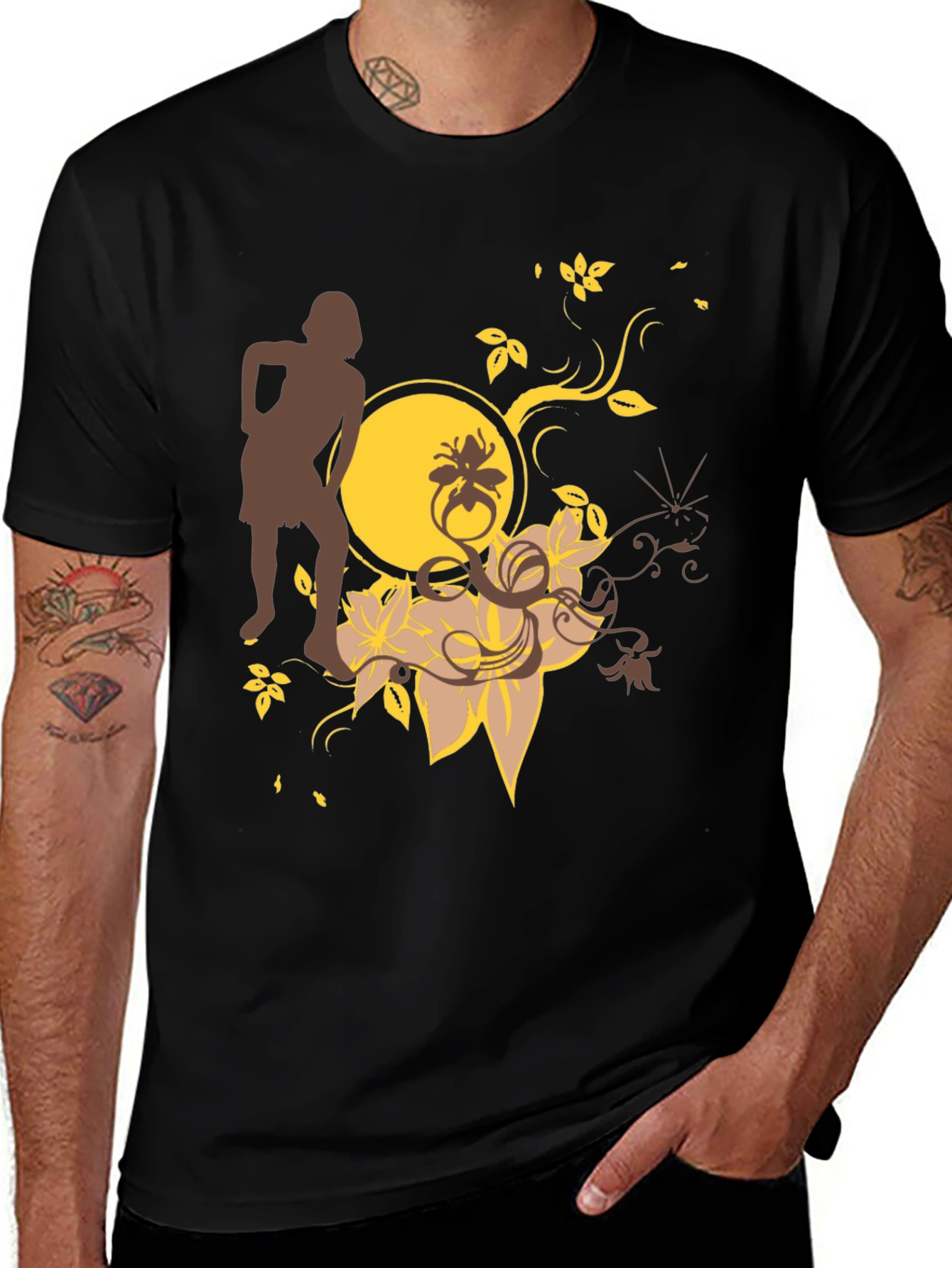 Trendy Black Graphic Tee - Unique Floral Design