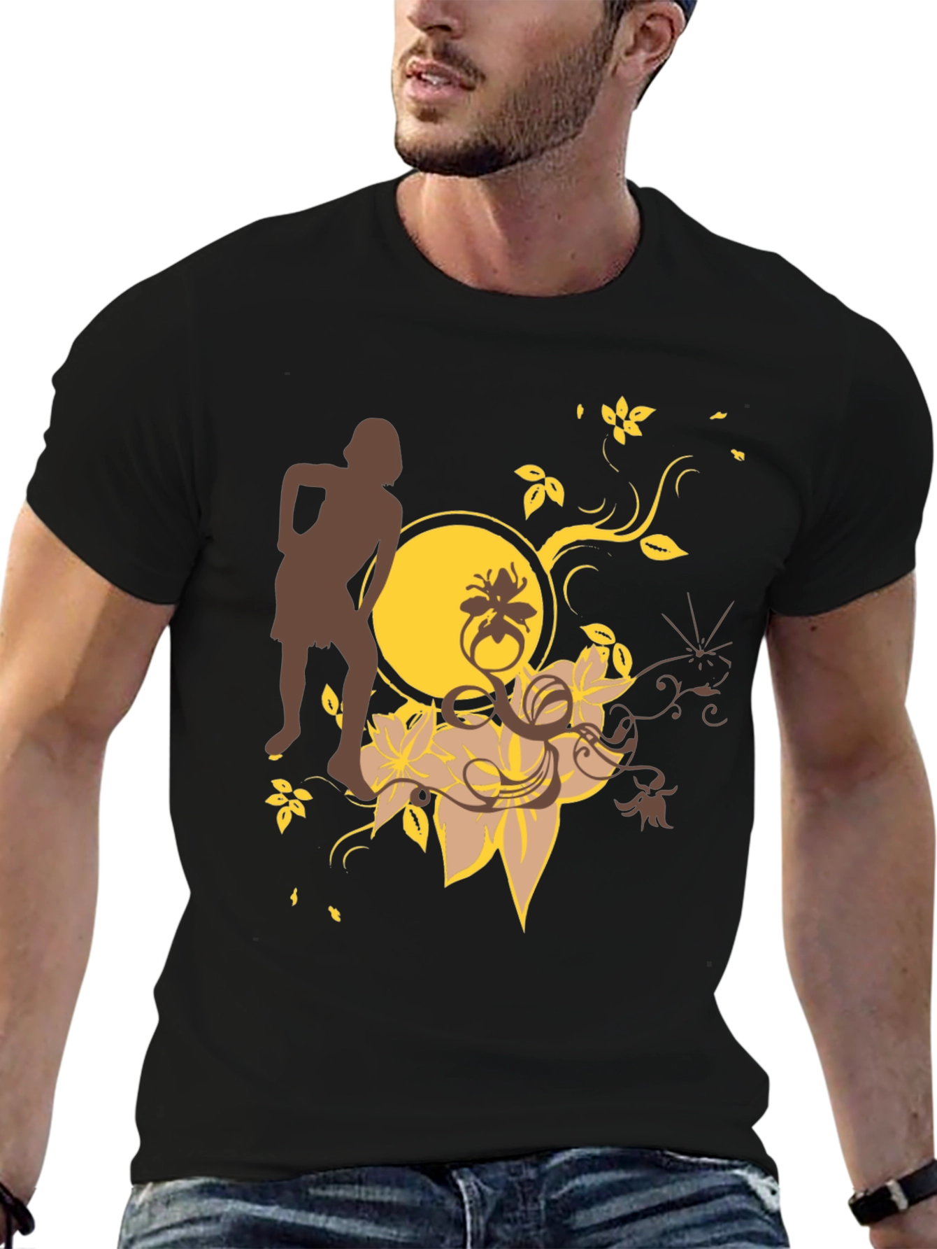 Trendy Black Graphic Tee - Unique Floral Design