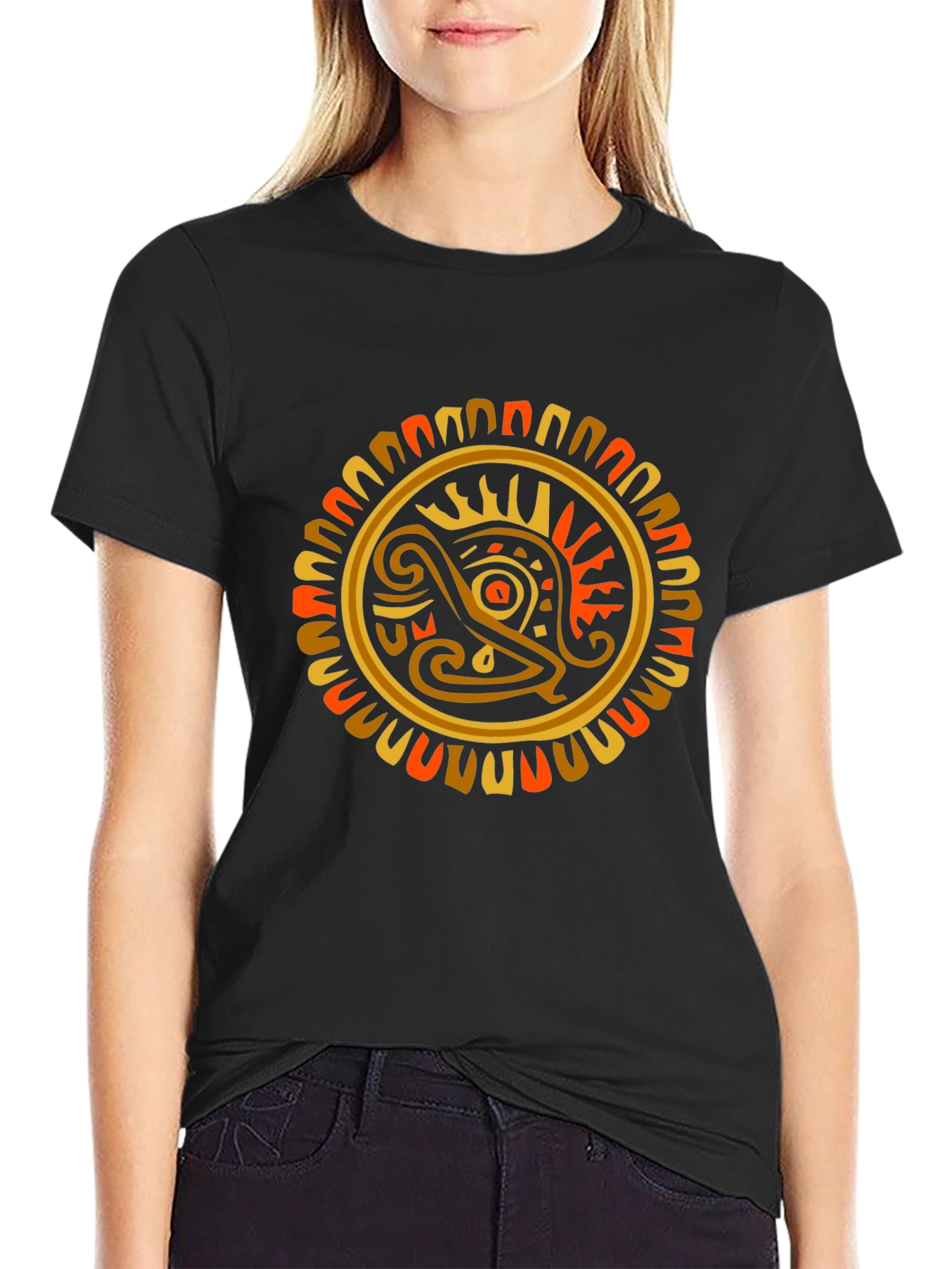 Aztec Sun God Graphic T-Shirt - Black