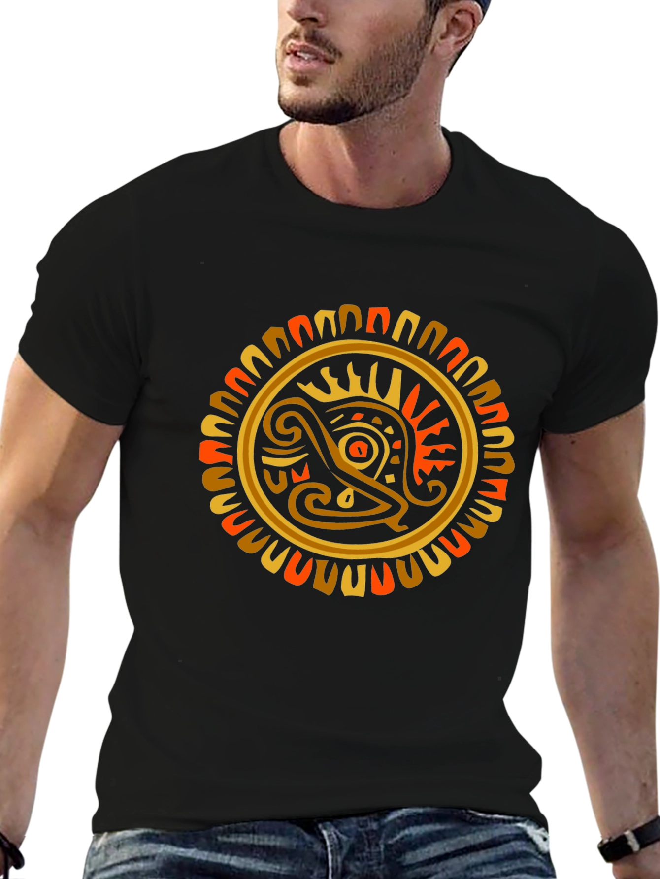 Aztec Sun God Graphic T-Shirt - Black