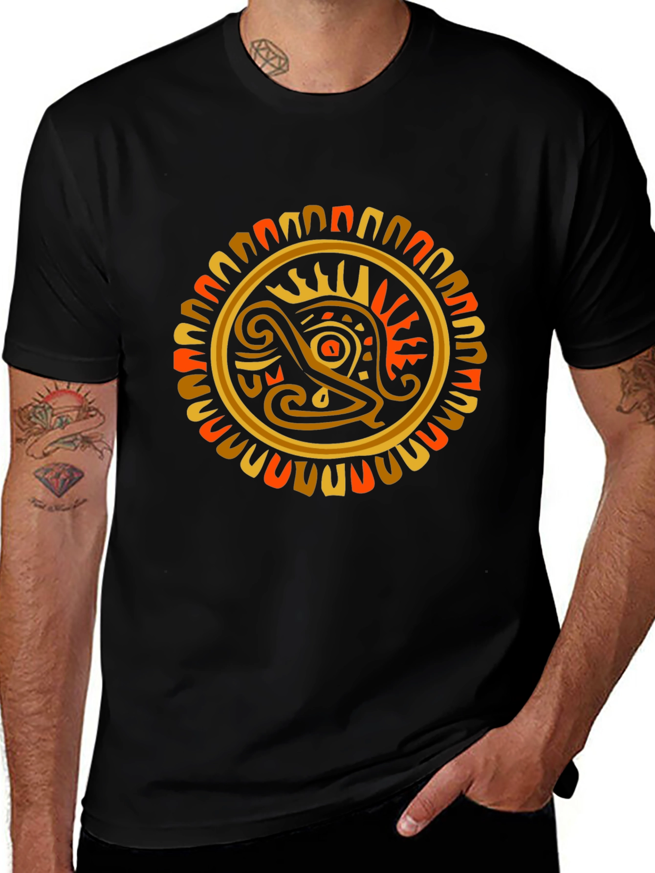 Aztec Sun God Graphic T-Shirt - Black