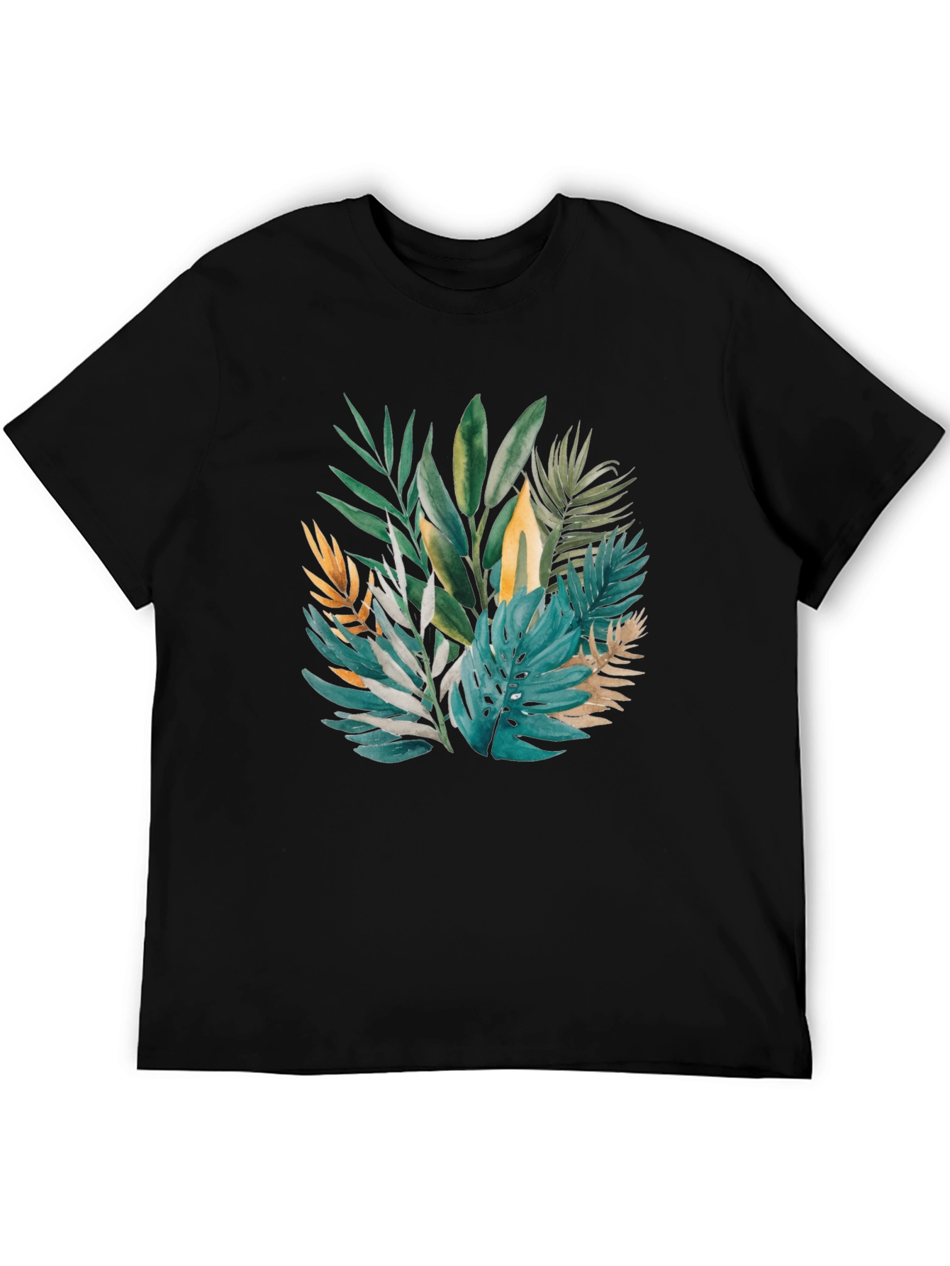 Tropical Leaves Print Black T-Shirt