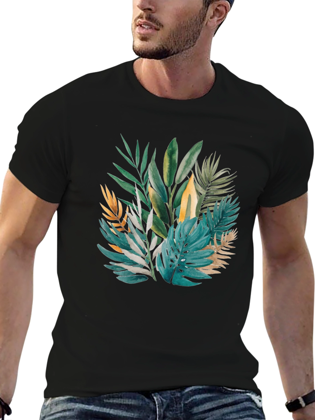 Tropical Leaves Print Black T-Shirt