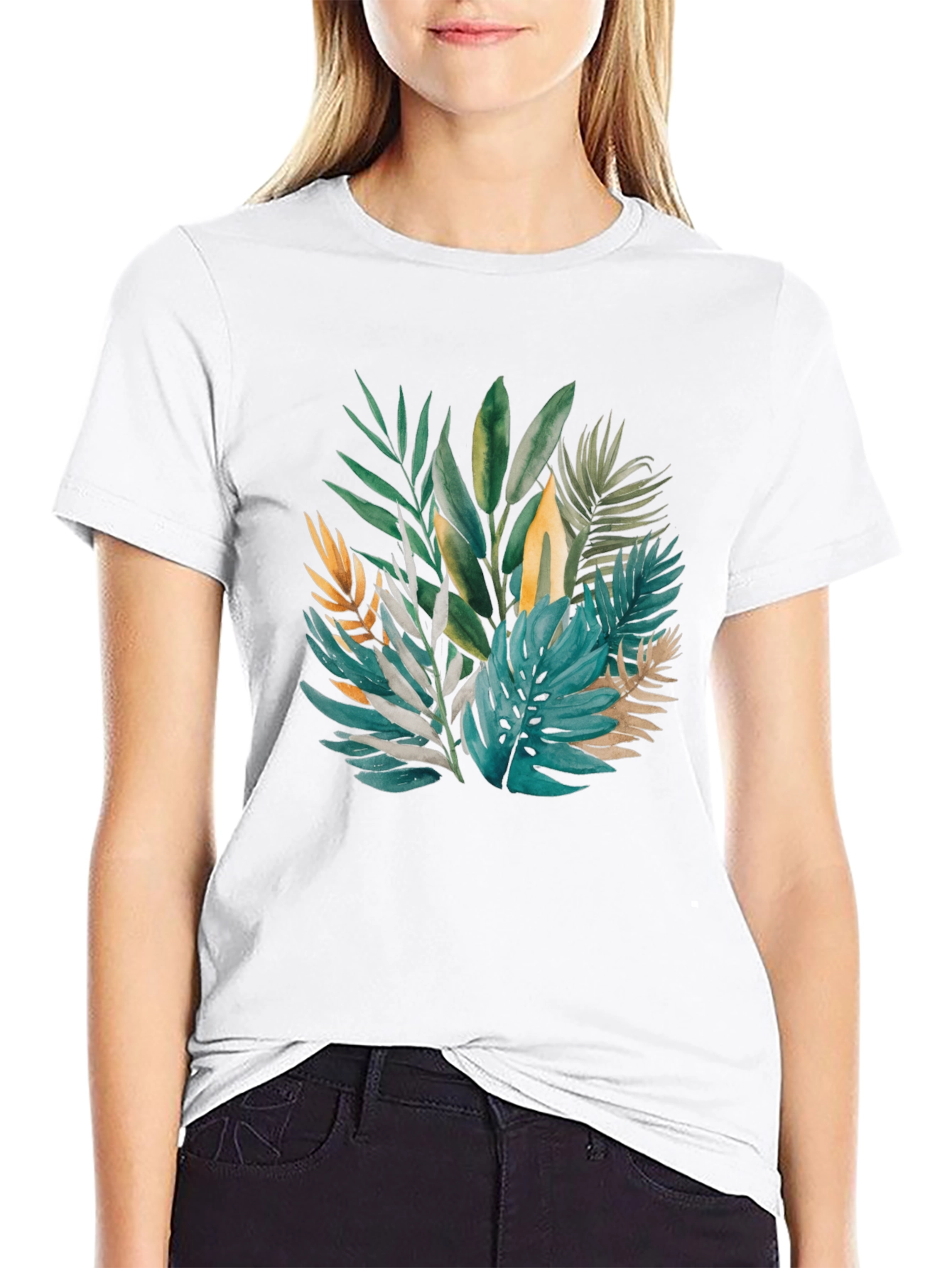 Tropical Leaves Print Black T-Shirt