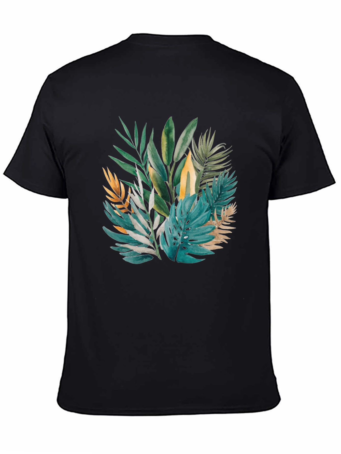 Tropical Leaves Print Black T-Shirt