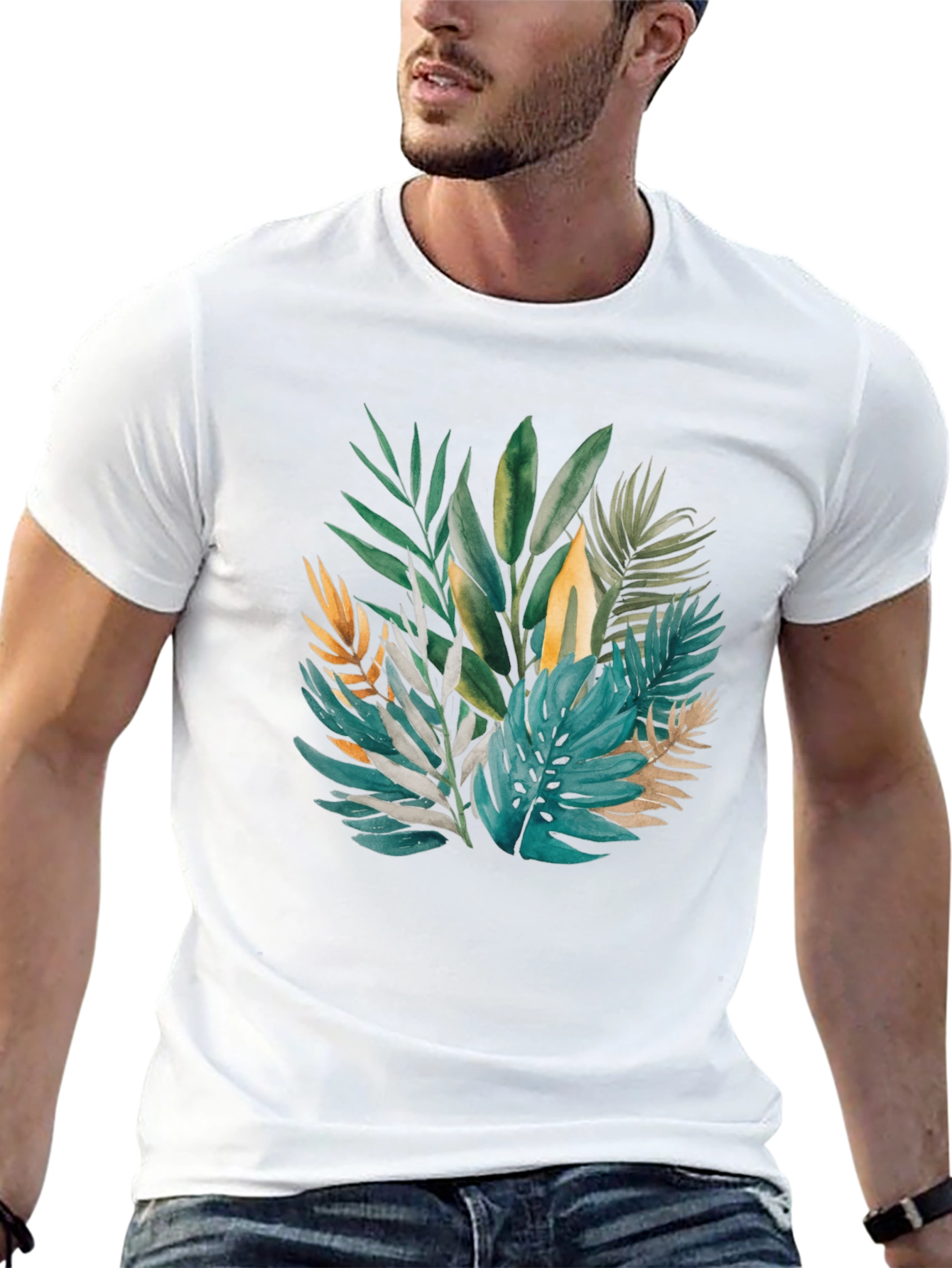 Tropical Leaves Print Black T-Shirt