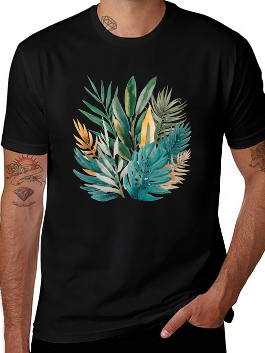 Tropical Leaves Print Black T-Shirt