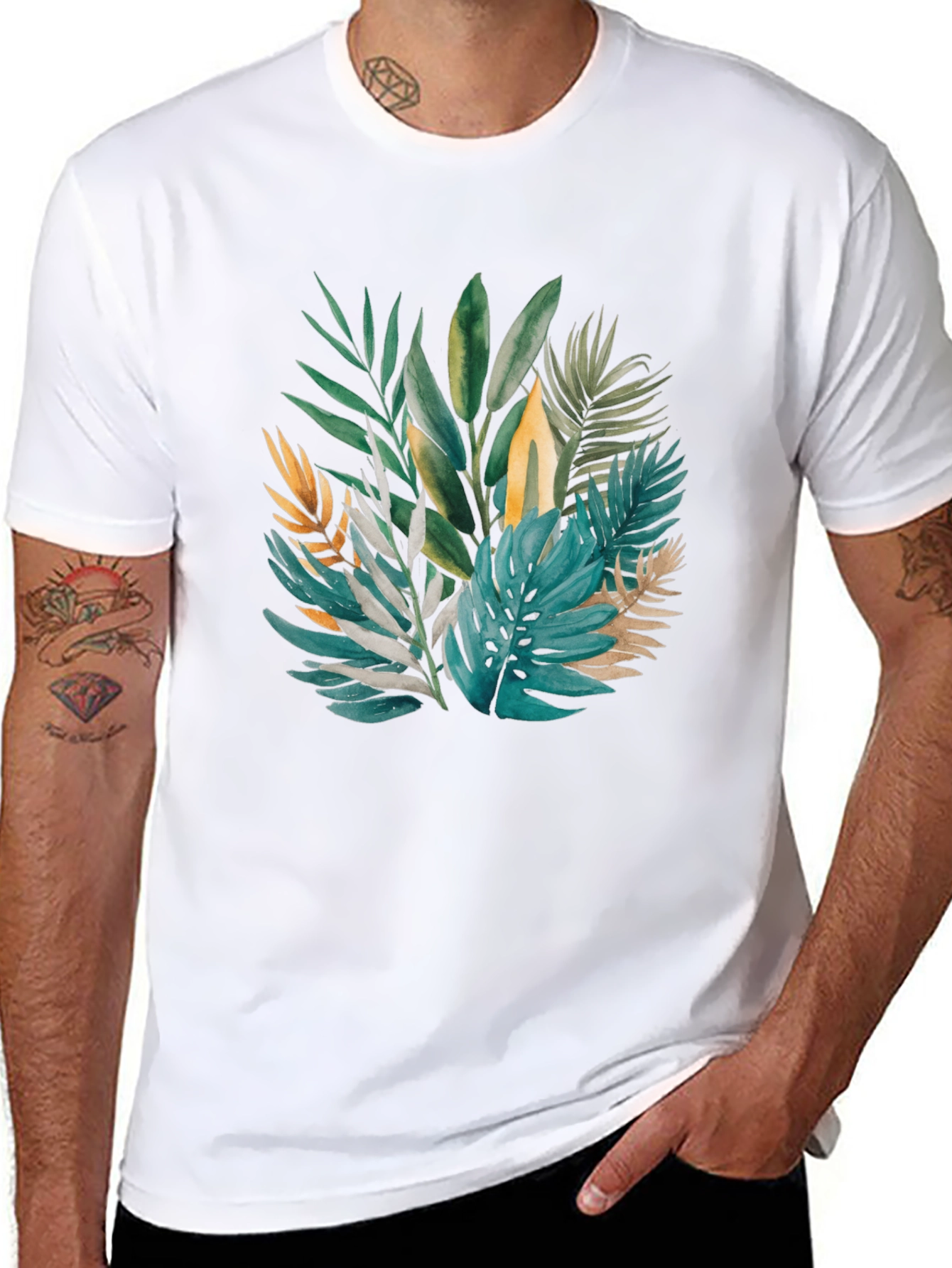 Tropical Leaves Print Black T-Shirt