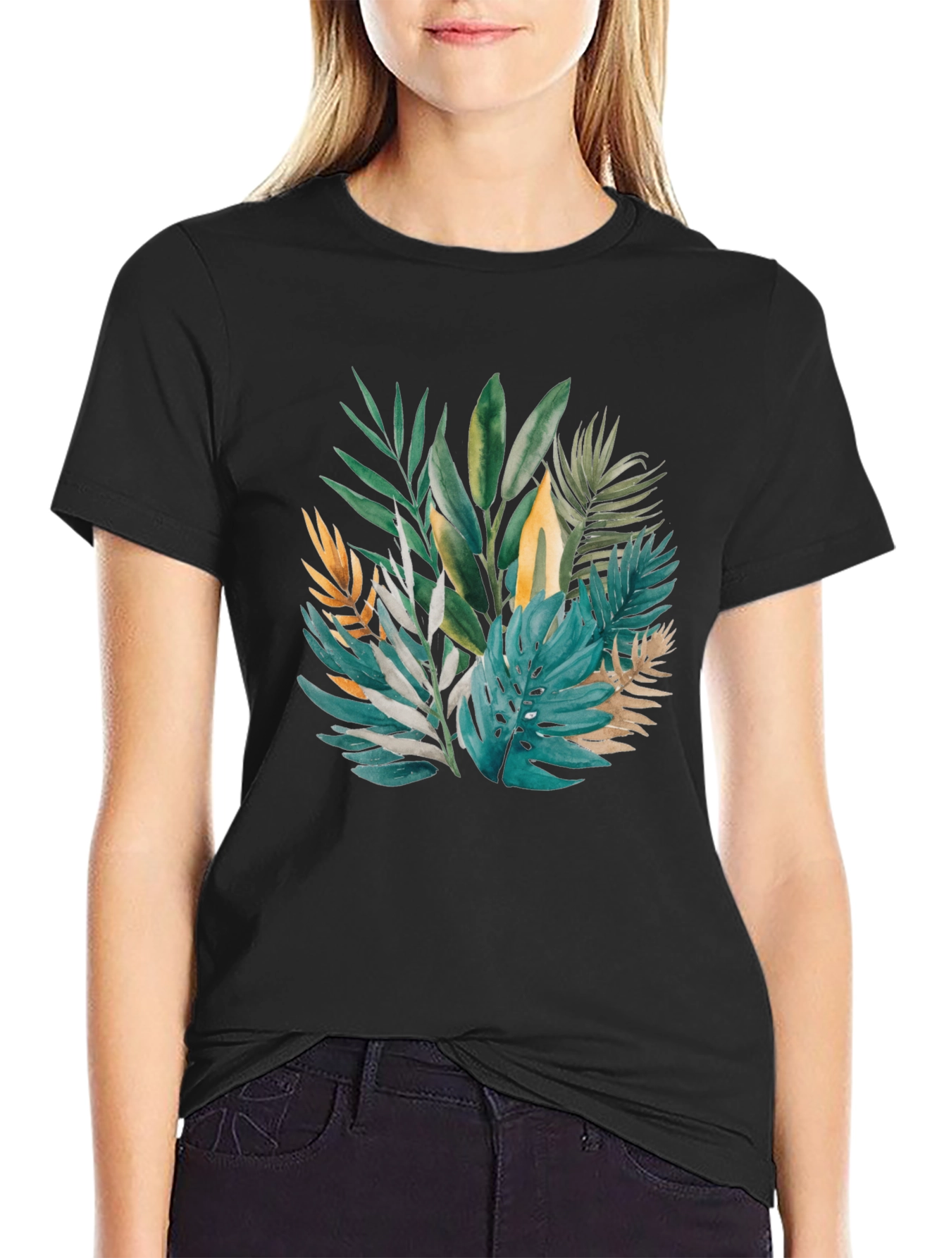 Tropical Leaves Print Black T-Shirt