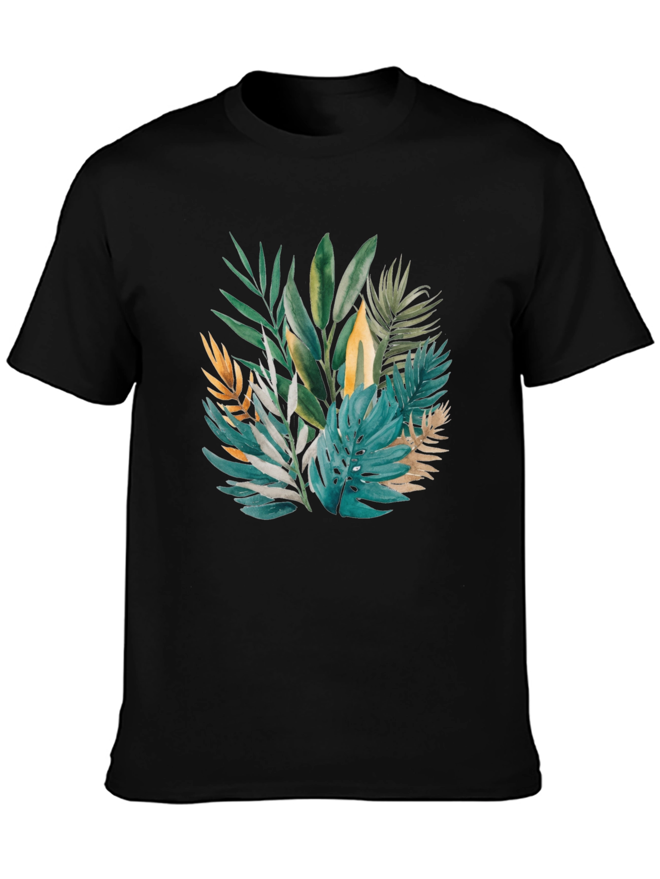 Tropical Leaves Print Black T-Shirt
