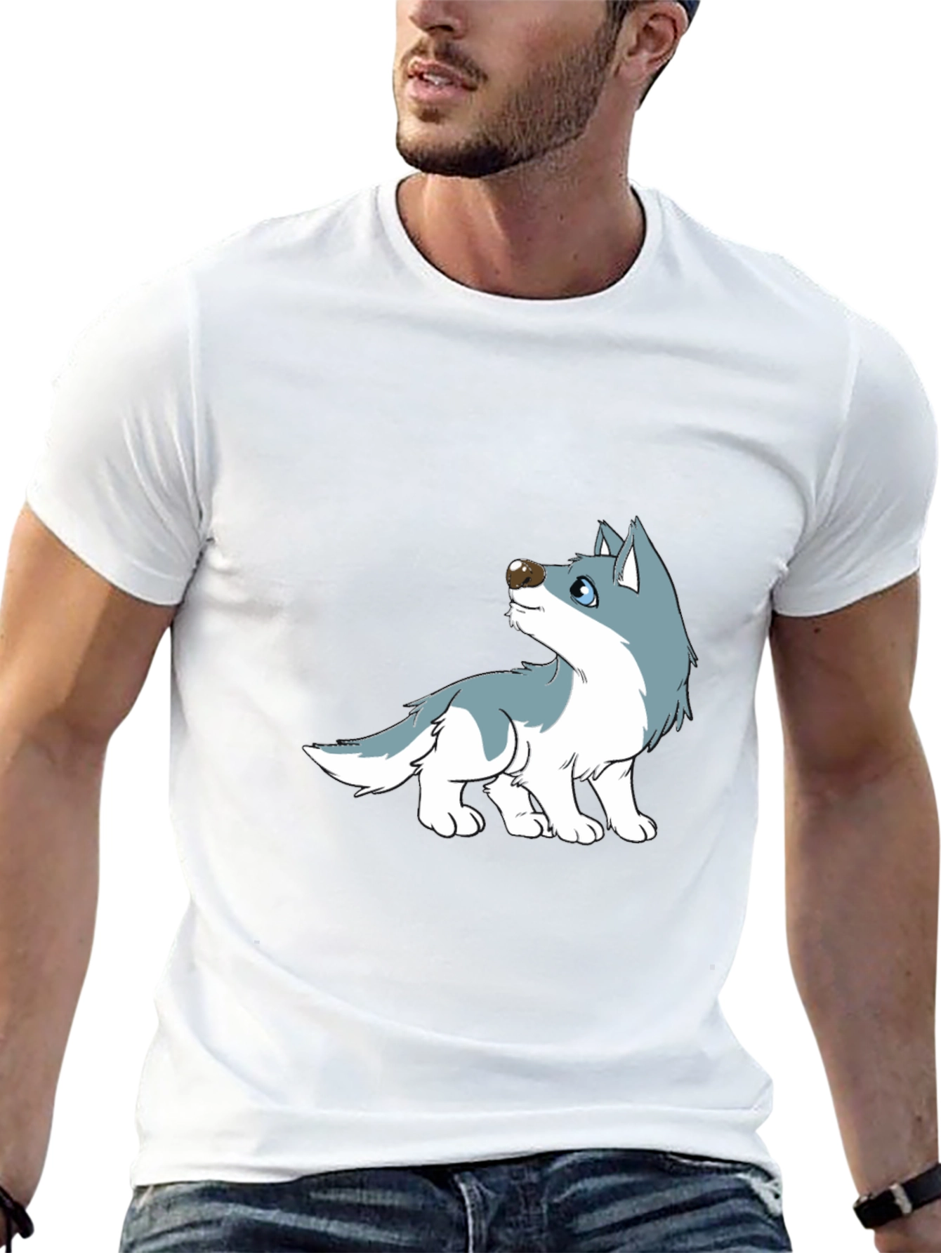 Cartoon Wolf Graphic Tee - Black Cotton Casual T-Shirt