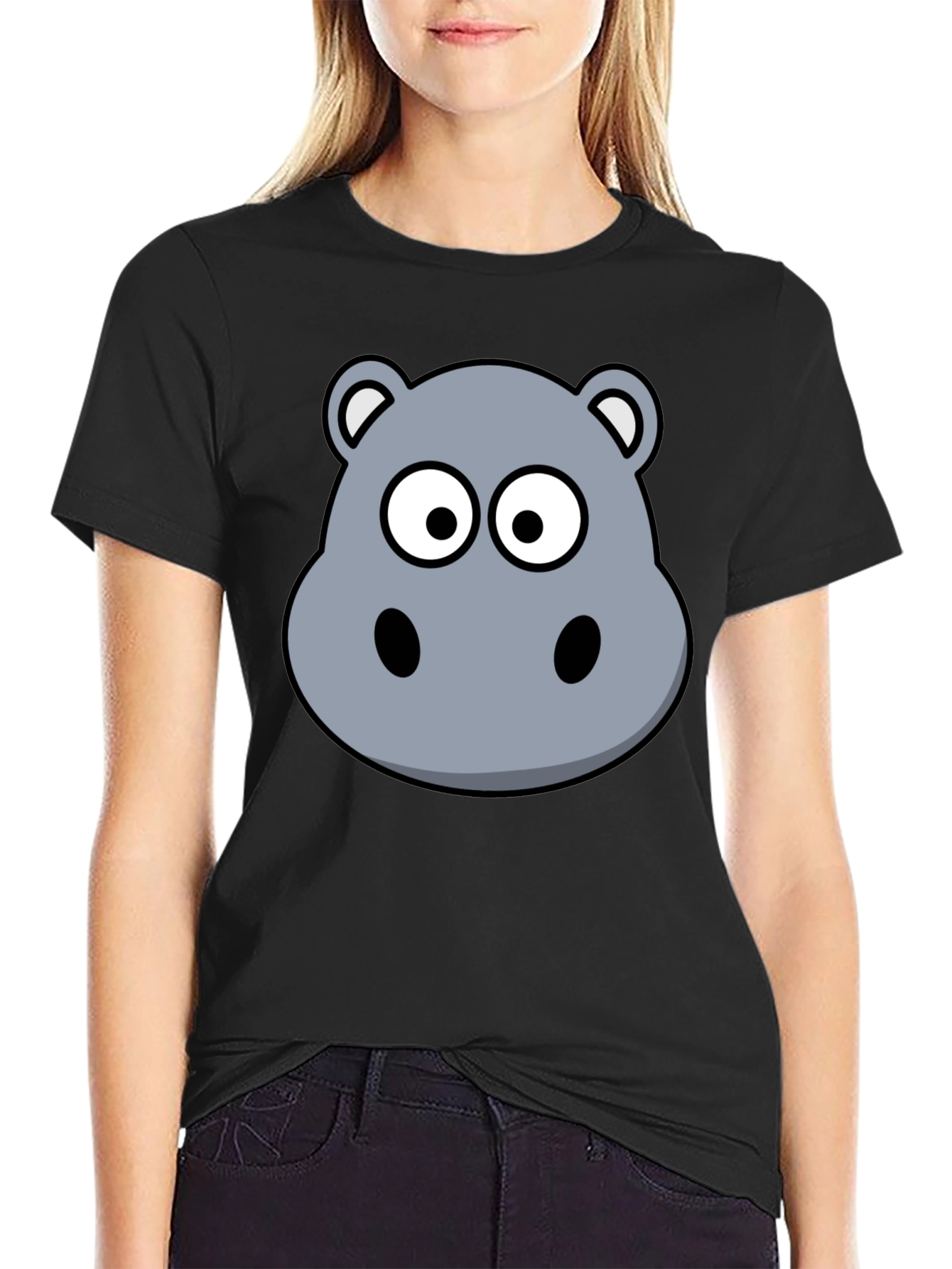 Hippo Cartoon Graphic Black T-Shirt