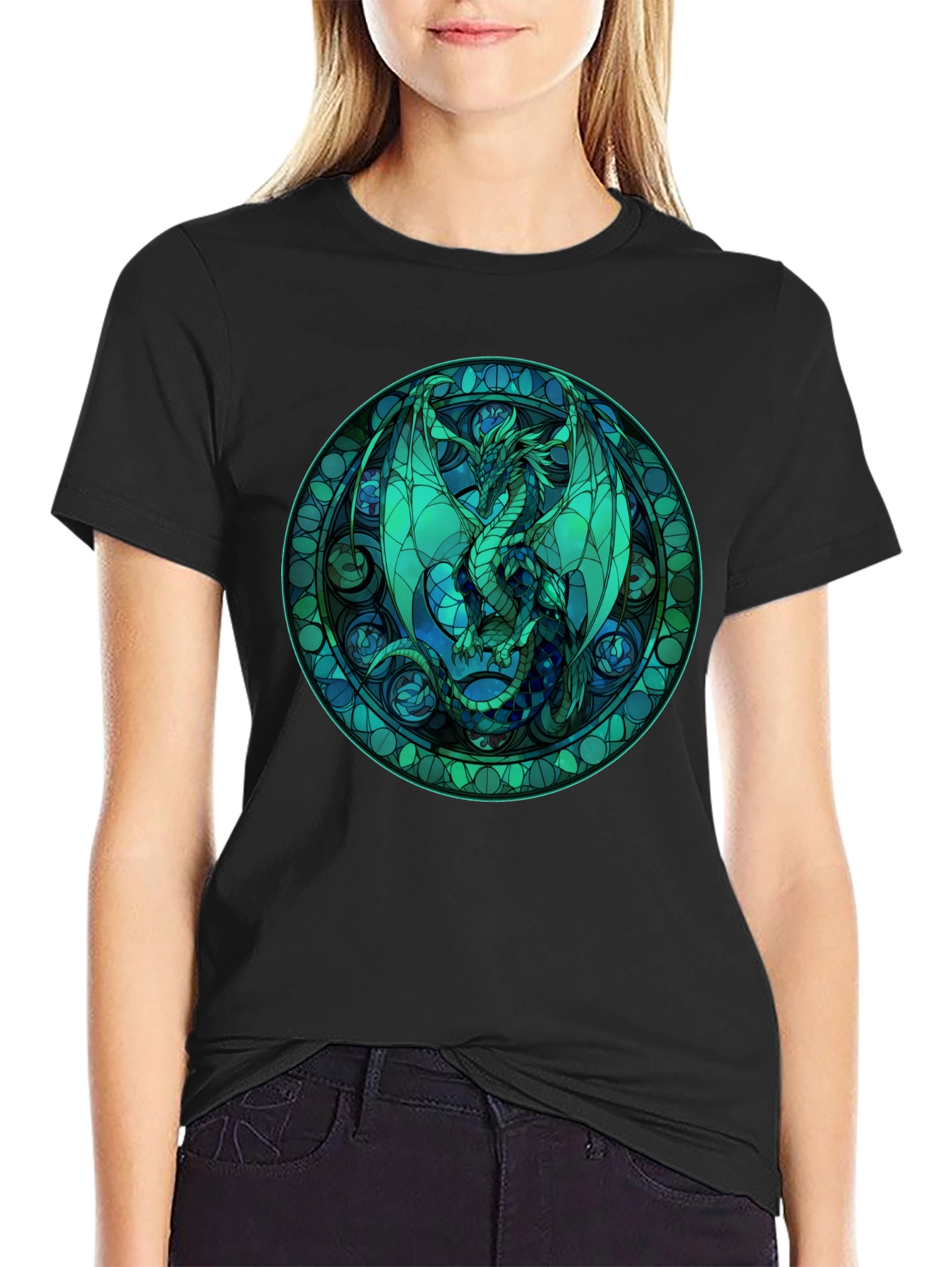 Stained Glass Dragon Graphic Tee - Black