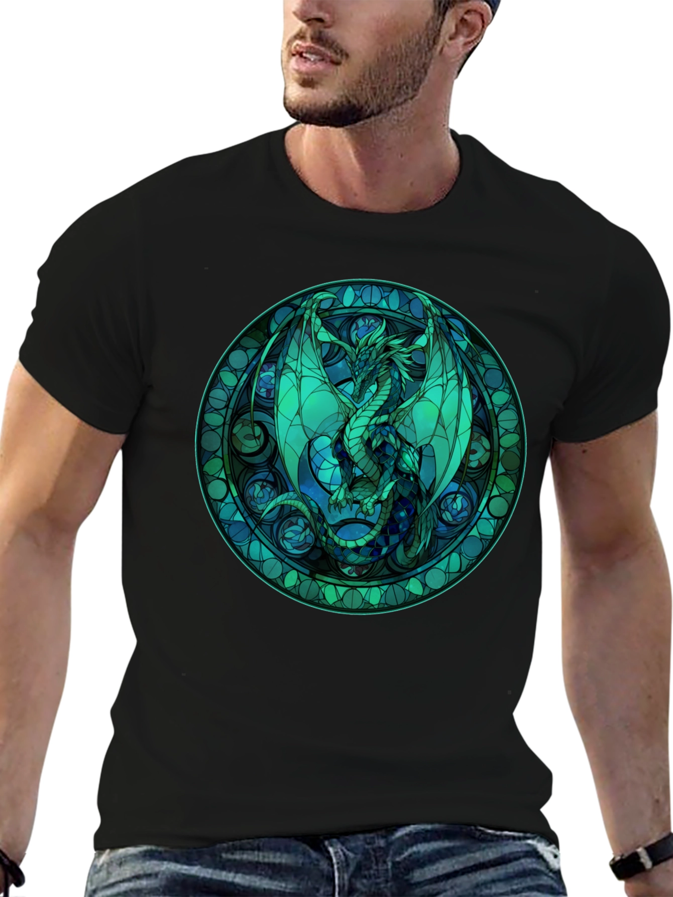 Stained Glass Dragon Graphic Tee - Black