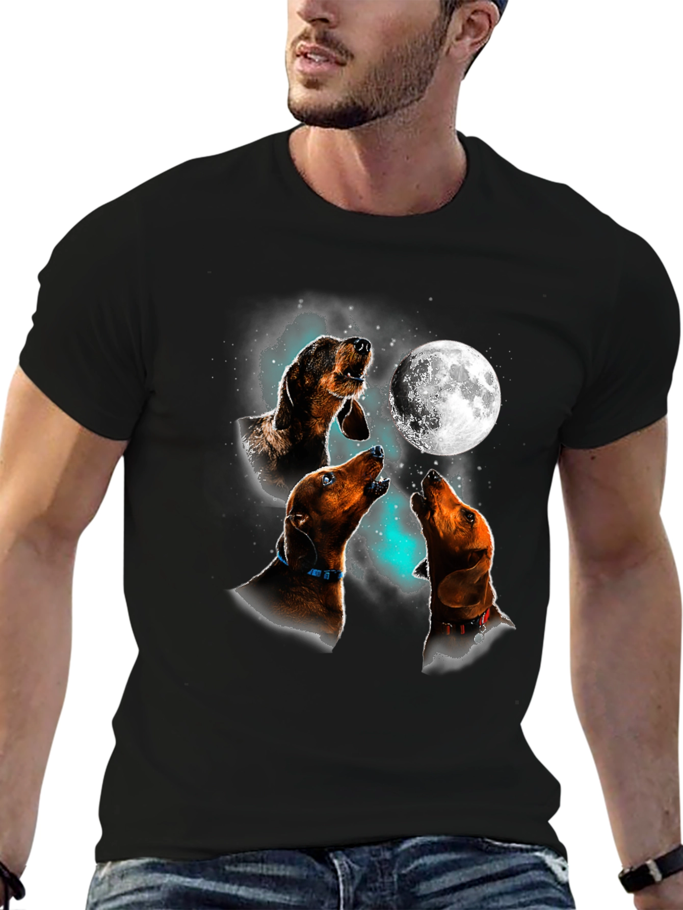 Dachshund Howling Moon Graphic T-Shirt