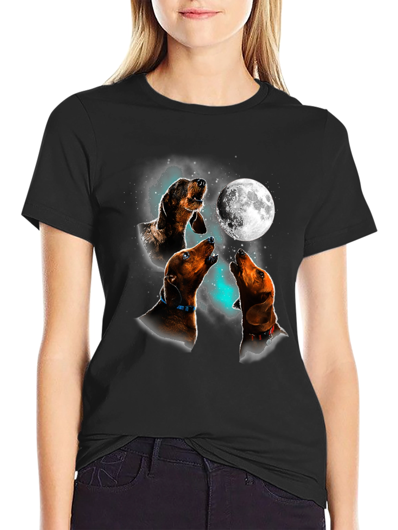 Dachshund Howling Moon Graphic T-Shirt