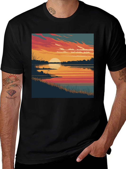 Sunset Lake Graphic Tee - Black Cotton Blend Comfort