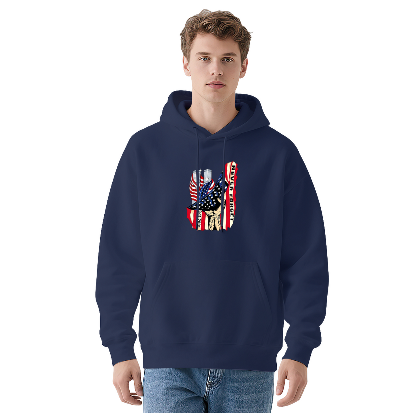 Never Forget 9/11 Patriotic Hand And Twin Towers Art Print Hoodie