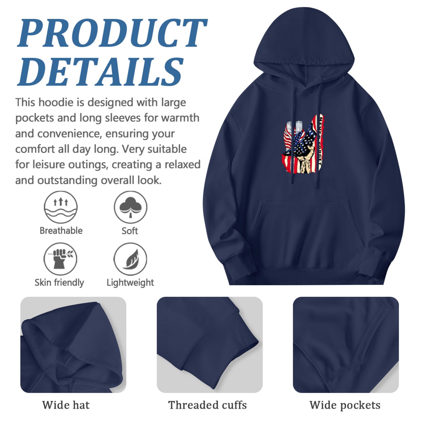 Never Forget 9/11 Patriotic Hand And Twin Towers Art Print Hoodie
