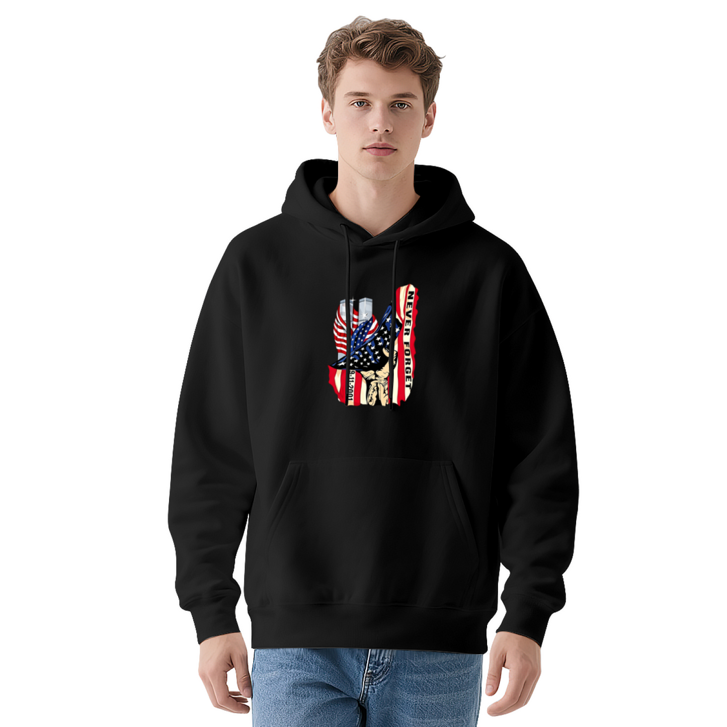 Never Forget 9/11 Patriotic Hand And Twin Towers Art Print Hoodie