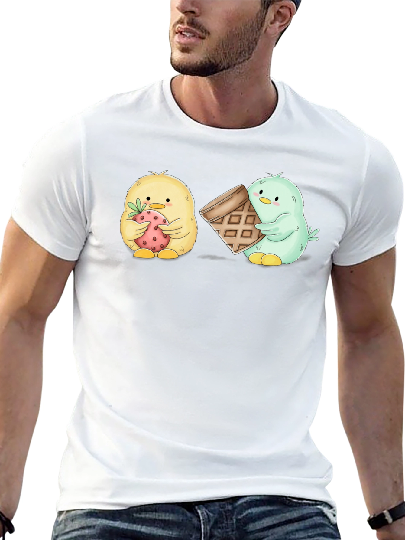 Cute Cartoon Chick T-Shirt with Strawberry & Waffle